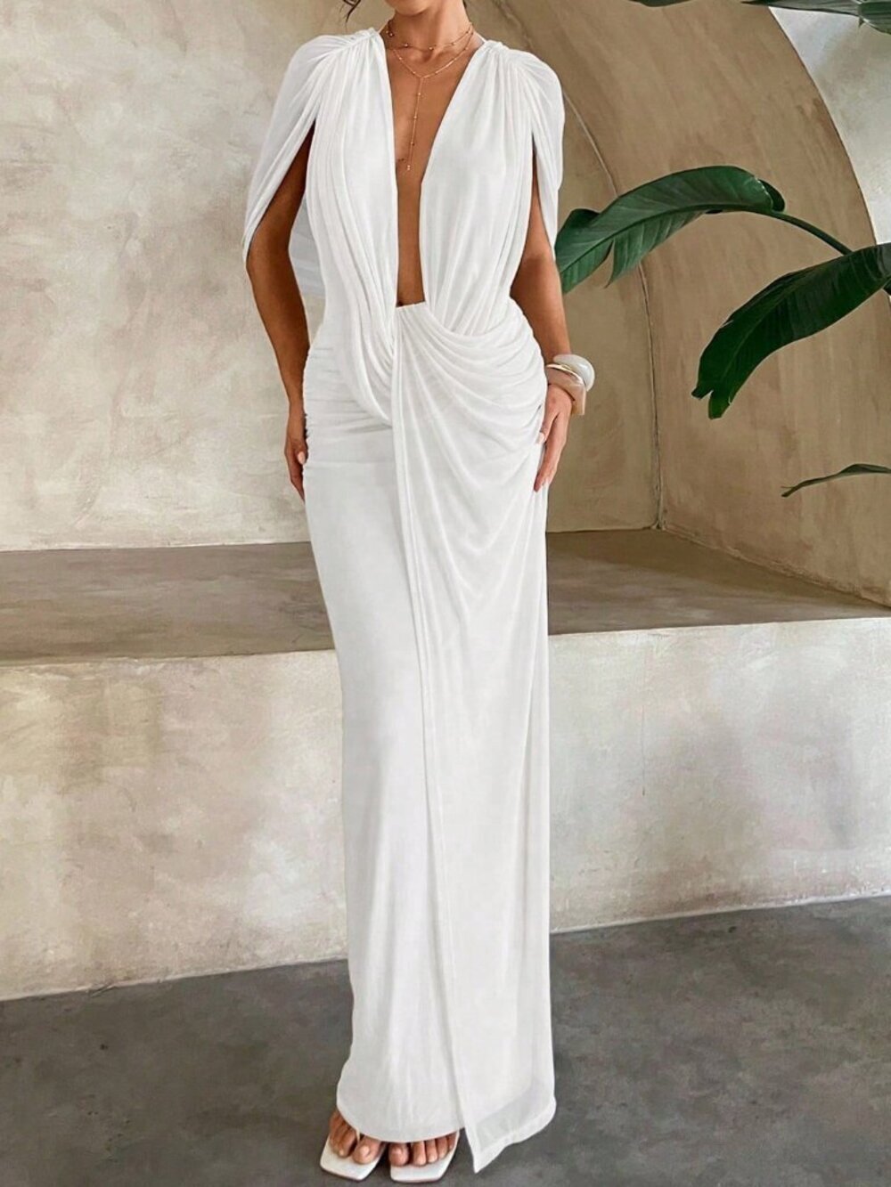 White Elegant Women's Plunging Neckline Sleeveless Mesh Knit Maxi Dress - Picture 3 of 7